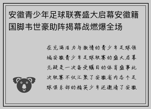 安徽青少年足球联赛盛大启幕安徽籍国脚韦世豪助阵揭幕战燃爆全场 安徽青少年足球联赛盛大启幕安徽籍国脚韦世豪助阵揭幕战燃爆全场